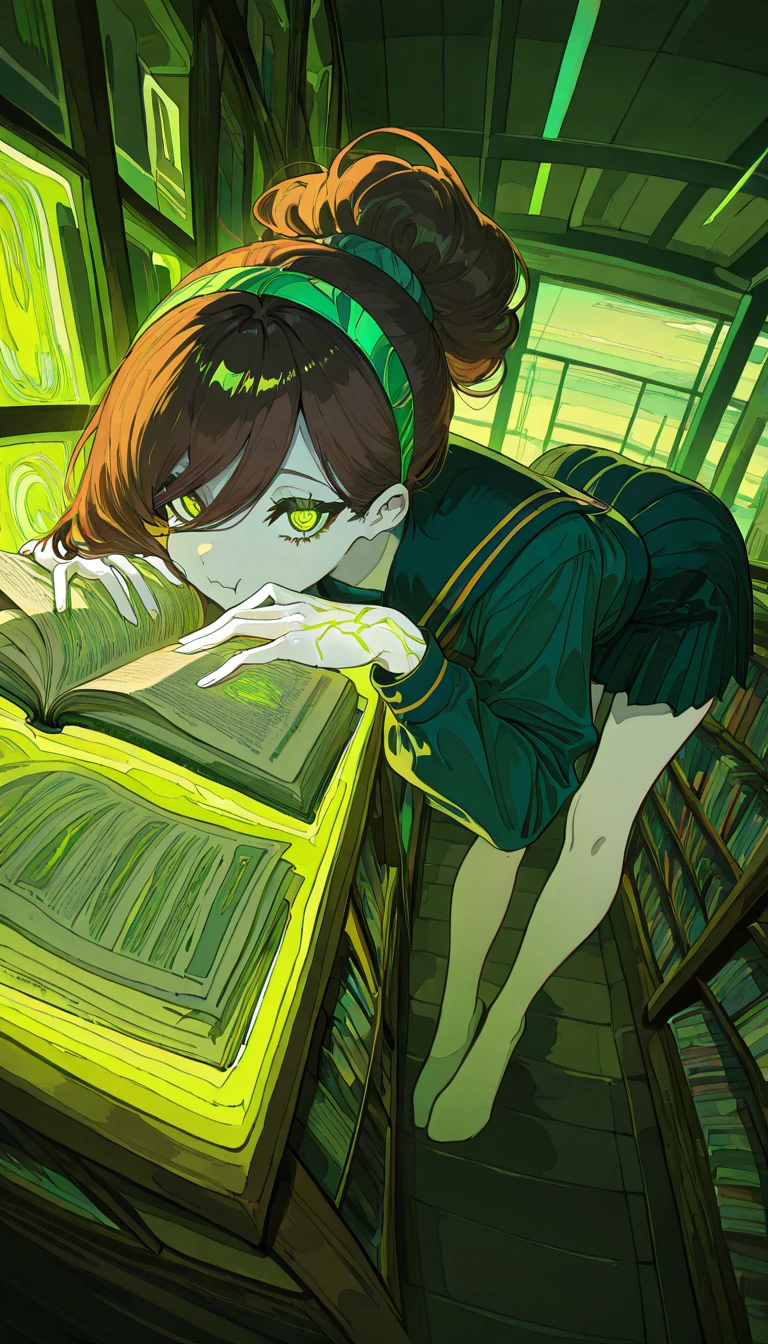 masterpiece, best quality, amazing quality, very aesthetic, absurdres, newest, scenery,
, :t, pout, :i, Leaning forward, hands on the ground, RadSister, 1girl,
glowing green vein, undead girl, white skin, colored skin, pale skin, messy high ponytail, long bangs, side-swept bangs, layered hair, loose strands, hair tucked under headband, brown hair, glowin green eyes, glowing green eyes, glowing veins, pale skin, brown hair, tied hair, school uniform,
, smile,
black and green theme,
school library, quiet atmosphere, soft lighting, wooden shelves, books everywhere, study desks, peaceful mood, afternoon light, reading students, focused environment
, animated, dynamic angle, full body, portrait, from above, fisheye lens, detailed face,colorful, close-up, masterpiece, best quality, amazing quality, very aesthetic, absurdres, newest, scenery, volumetric lighting