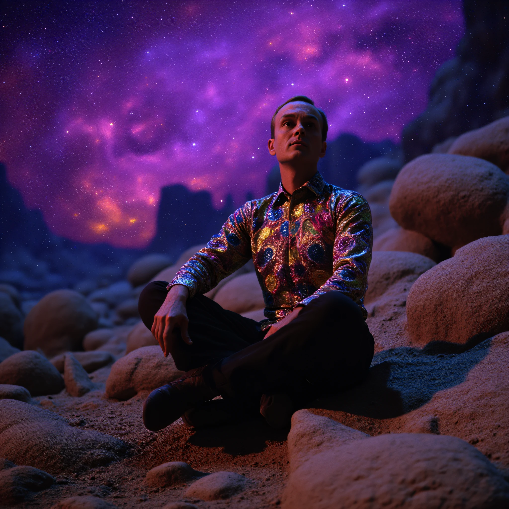 ArsMovieStill, movie still from a 60s psychedelic movie, The image shows a man sitting on a rock in a desert-like environment. He is wearing a long-sleeved shirt with a colorful sequin pattern and black pants. He has a serious expression on his face and is looking up towards the sky. The sky is filled with a beautiful purple and pink nebula with stars twinkling in the background. The man is surrounded by large rocks and boulders and there is a hint of orange and yellow light emanating from the rocks. The overall mood of the image is peaceful and serene., 1boy, solo, male focus, sitting, sky, star (sky), bald, night, starry sky, rock