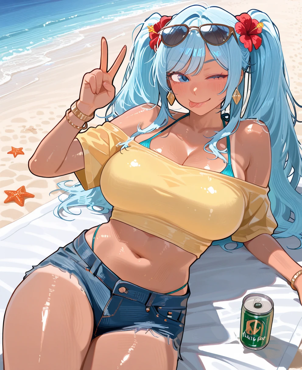 (masterpiece, best quality), lum,1 elven girl, ( bare breasts, thigh), (light blue hair, twin tails ,very long hair is fluttering in the wind), full body, hand on hip , hair between eyes, multi colored hair,hair flower ornament ,(blush, smile, aqua eyes), open mouth, holding, cleavage, swimsuit, cup, beach, holding cup, alcohol, mug, beer, gold beer, beer mug,
very long hair, twin tails ,aqua hair, multi colored hair, flower hair ornament, breasts, looking at viewer, blush, jumping , smile, aqua eyes, close mouth, bangs, beach ,seashore, palm tree, navel, cleavage, bare shoulders, large breasts , strapless swimsuit, tiger print strapless swimsuit ,full body, strapless bikini, tiger print strapless bikini , pointy ears, electricity, tiger print, strapless bikini, electrokinesis