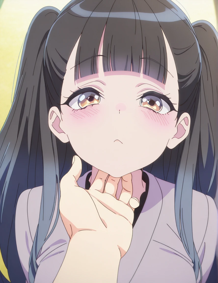 masterpiece, best quality, amazing quality,, <lora:azu-niisato-s1-illustriousxl-lora-nochekaiser:1>, azu niisato, long hair, black hair, twintails, brown eyes, yellow eyes, blunt bangs, two side up, mature female, medium breasts, anime screencap, <lora:stroking-anothers-chin-pov-illustriousxl-lora-nochekaiser:1>, stroking another's chin pov, stronking another's chin, pov, pov hands, blush,, ,