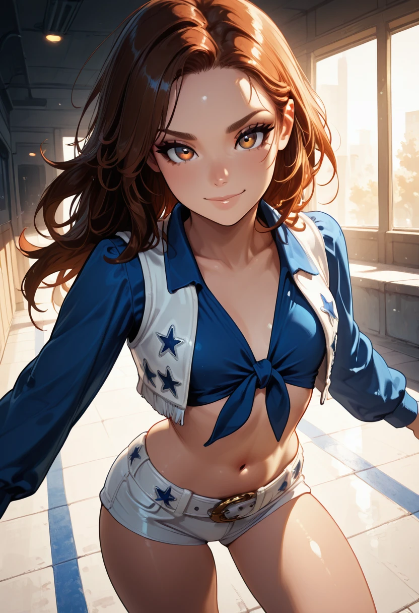 masterpiece, best quality, 1girl, solo, eyelashes, (beautiful eyes), dynamic pose, foreshortening,   [Pep Rally Rebel], DalCowCheer, navel, midriff, belt, blue tied shirt, vest, white shorts, short shorts, skindentation,  <lora:DallasCowboysCheerleaders_IXL_v2:1.0>,  Strutting across an indoor gym floor, midriff bared and navel catching the light, attitude turned all the way up, head held high as music pulses in the background.