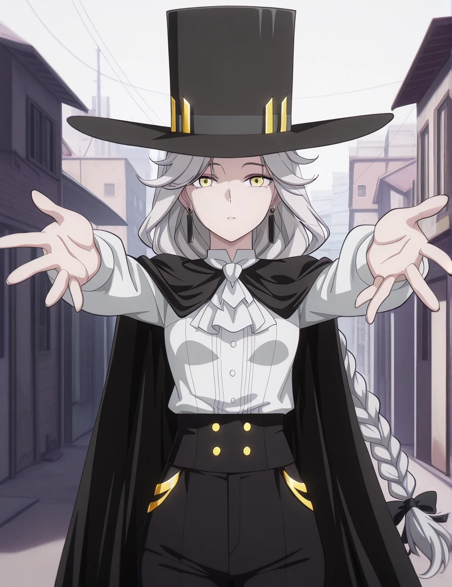masterpiece, best quality, amazing quality,, <lora:tobeherox-queen-s1-illustriousxl-lora-nochekaiser:1>, tobeherox queen, yellow eyes, long hair, white hair, grey hair, braid, single braid, braided ponytail, mature female, small breasts, anime screencap, shirt, long sleeves, bow, jewelry, white shirt, earrings, pants, cape, ascot, black pants, black cape, white ascot, high-waist pants, top hat, on back, arm support, arms up, incoming hug, pov, reaching, reaching towards viewer,, alley, narrow, urban, dark, buildings, cowboy shot, solo, looking at viewer, <lora:transparent-background-illustriousxl-lora-nochekaiser:1>, transparent background, simple background, white background