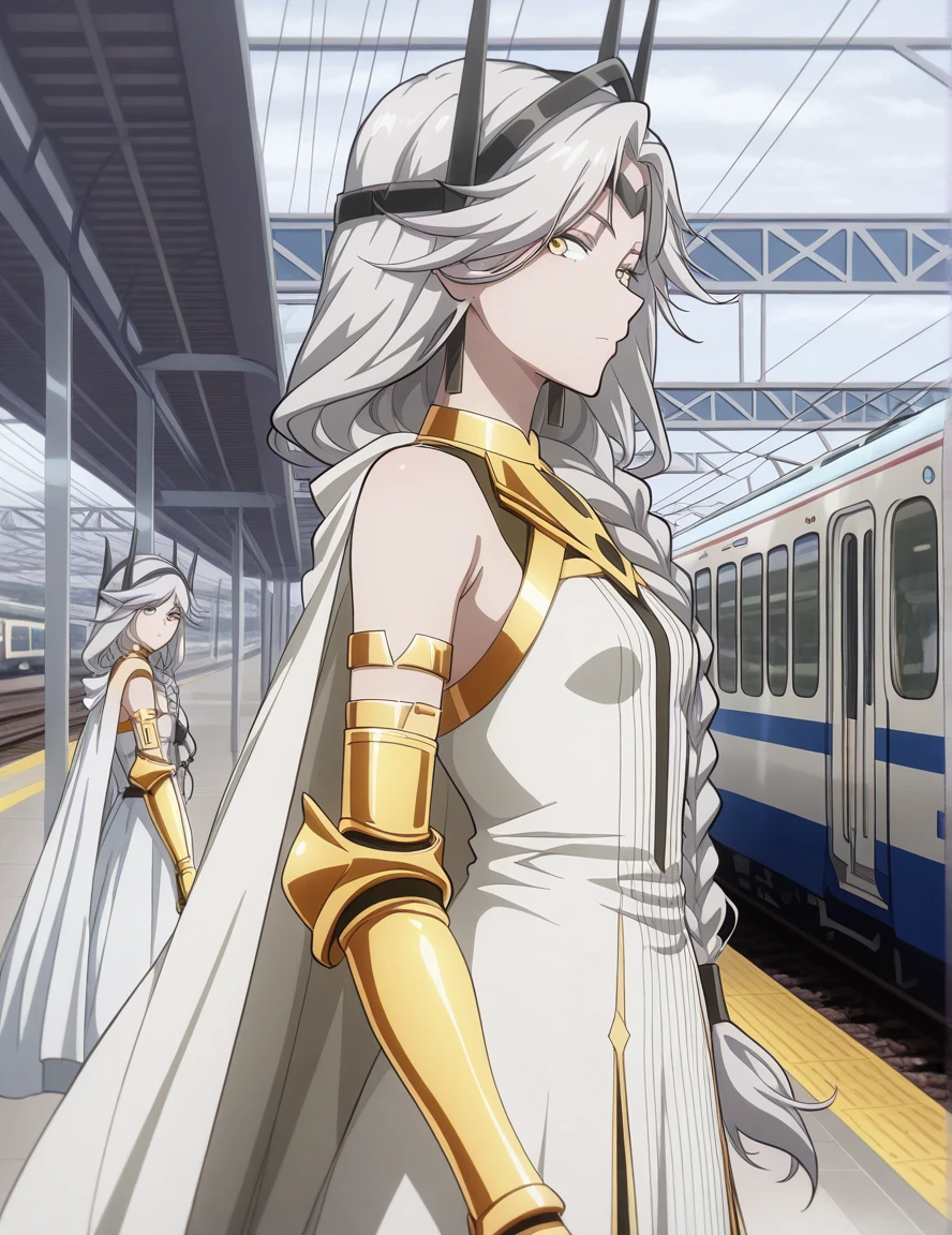 masterpiece, best quality, amazing quality,, <lora:tobeherox-queen-s1-illustriousxl-lora-nochekaiser:1>, tobeherox queen, yellow eyes, long hair, white hair, grey hair, braid, single braid, braided ponytail, mature female, small breasts, anime screencap, dress, bare shoulders, white dress, cape, headgear, armlet, gauntlets, white cape, from side, train station, trains, platform, passengers, travel, cowboy shot, solo, looking at viewer,