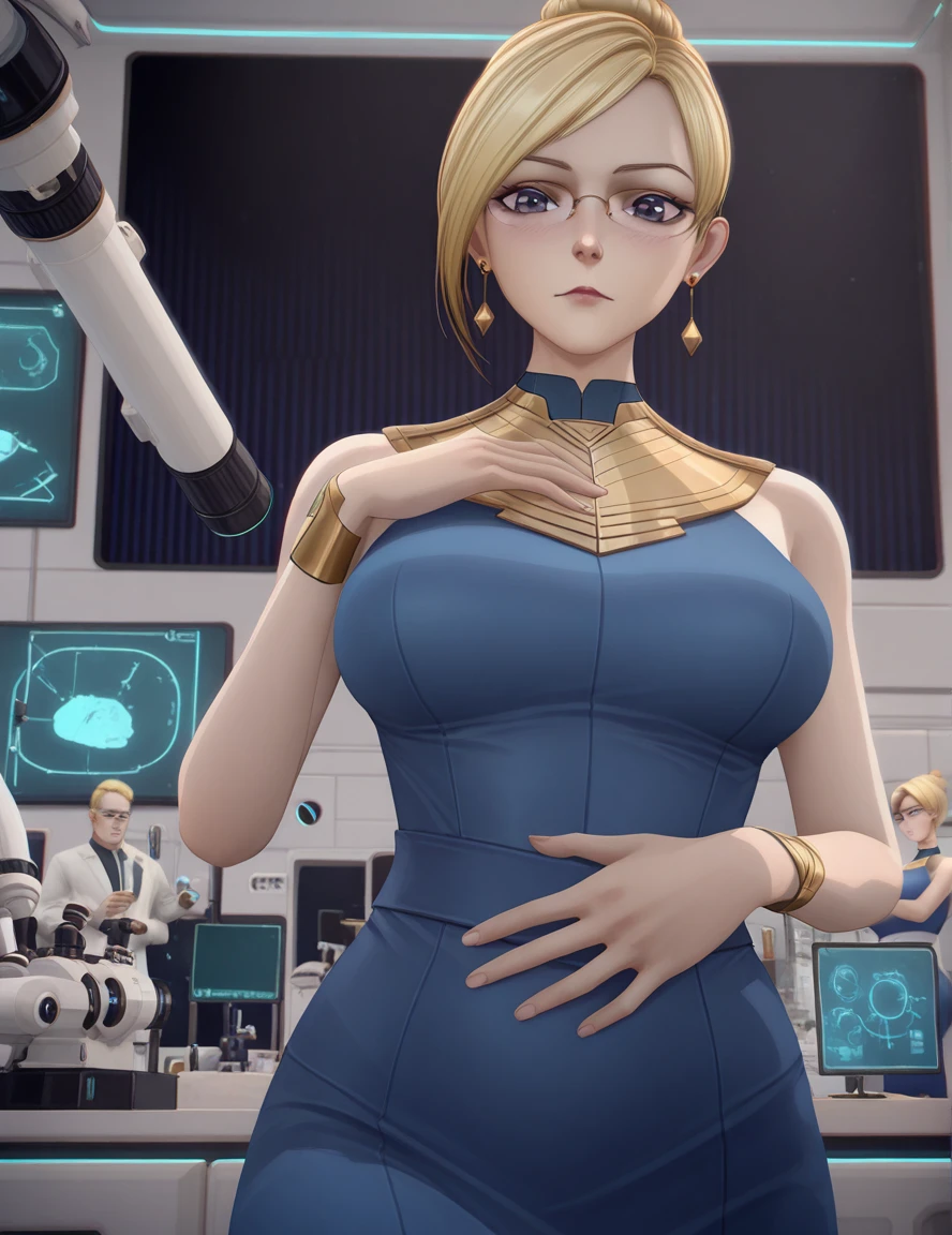 masterpiece, best quality, amazing quality,, <lora:tobeherox-juan-s1-illustriousxl-lora-nochekaiser:1>, tobeherox juan, short hair, blue eyes, blonde hair, glasses, hair bun, single hair bun, mature female, breasts, 3d, jewelry, bare shoulders, earrings, sleeveless, dress, blue dress,, hand on stomach, blush,, laboratory, beakers, microscope, scientist, experiments, cowboy shot, solo, looking at viewer,