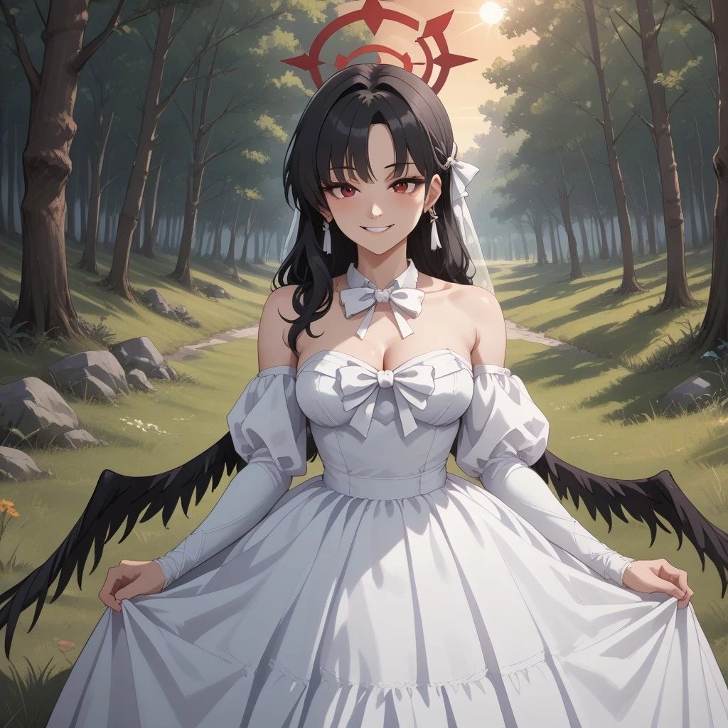 score_9, score_8, BREAK, solo, Kenzaki_Tsurugi_(Blue_Archive), complex halo, black hair, red eyes, drippling effect on halo, wedding dress, full dress, neck ribbon, ear piece, black wings, bowtie decoration on dress, self portrait, smile, looking at viewer, outdoors, sunlight, shadows, evening lighting, natural lighting, forest, trees, grass, orange sky, sunset