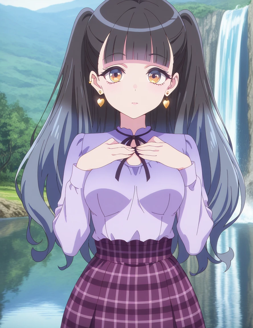 masterpiece, best quality, amazing quality,, <lora:azu-niisato-s1-illustriousxl-lora-nochekaiser:1>, azu niisato, long hair, black hair, twintails, brown eyes, yellow eyes, blunt bangs, two side up, mature female, medium breasts, anime screencap, shirt, skirt, long sleeves, ribbon, jewelry, heart, earrings, plaid, plaid skirt, purple skirt, purple shirt, heart earrings, hands on own chest,, water, lake, river, waterfall, natural, cowboy shot, solo, looking at viewer,