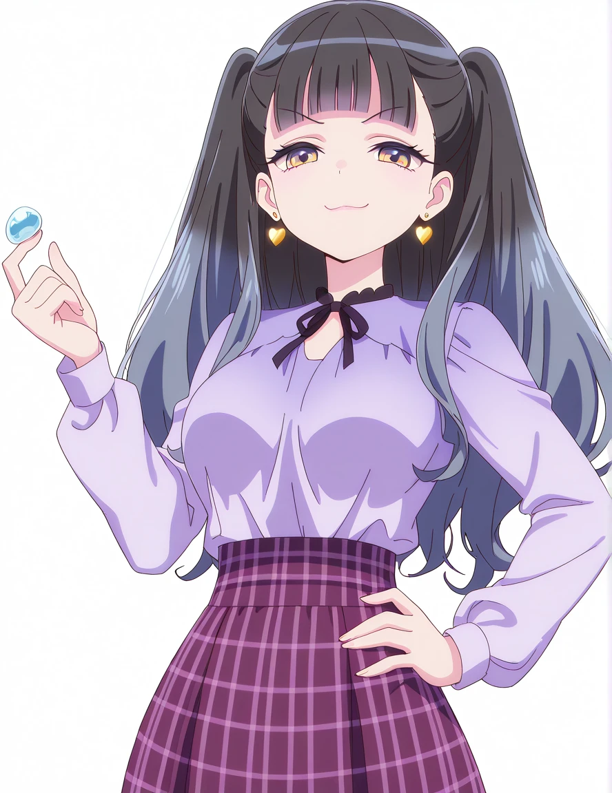 masterpiece, best quality, amazing quality,, <lora:azu-niisato-s1-illustriousxl-lora-nochekaiser:1>, azu niisato, long hair, black hair, twintails, brown eyes, yellow eyes, blunt bangs, two side up, mature female, medium breasts, anime screencap, shirt, skirt, long sleeves, ribbon, jewelry, heart, earrings, plaid, plaid skirt, purple skirt, purple shirt, heart earrings, smug, hand on own hip,, well, water, stone, old, deep, cowboy shot, solo, looking at viewer, <lora:transparent-background-illustriousxl-lora-nochekaiser:1>, transparent background, simple background, white background