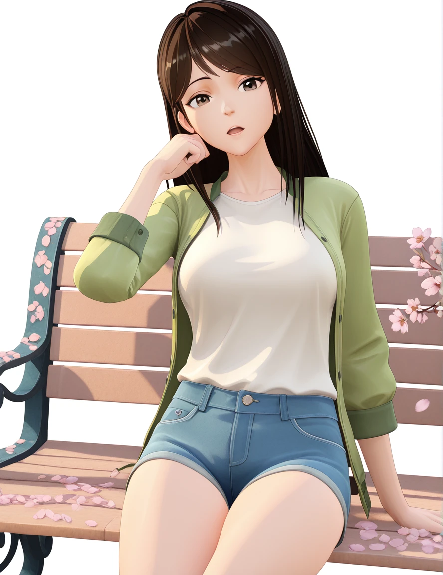 masterpiece, best quality, amazing quality,, <lora:qing-xia-s1-illustriousxl-lora-nochekaiser:1>, qing xia, long hair, brown hair, black hair, brown eyes, mature female, medium breasts, 3d, shirt, jacket, white shirt, open clothes, shorts, short shorts, denim, blue shorts, denim shorts, sitting, elbow rest, table,, park, cherry blossoms, bench, gentle breeze, peaceful, running, open mouth, cowboy shot, solo, looking at viewer, <lora:transparent-background-illustriousxl-lora-nochekaiser:1>, transparent background, simple background, white background