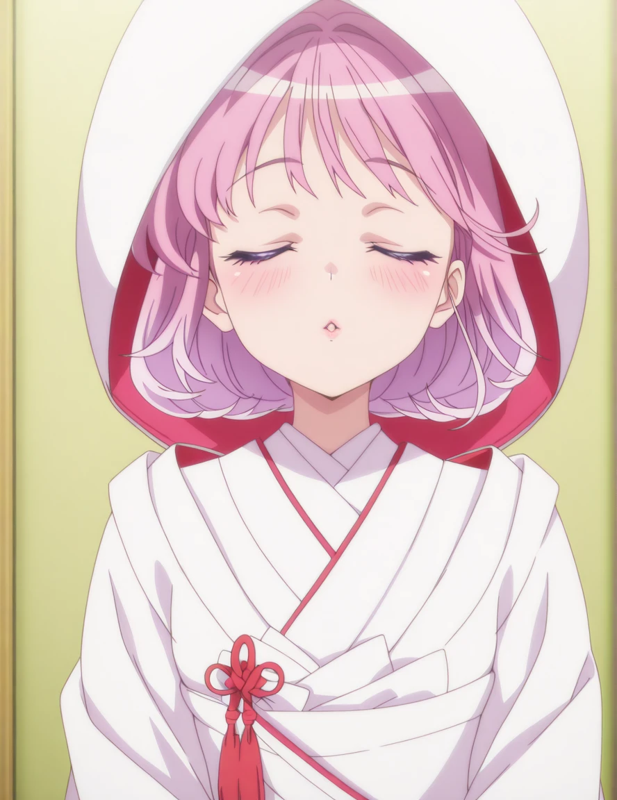 masterpiece, best quality, amazing quality,, <lora:yuina-akagi-s1-illustriousxl-lora-nochekaiser:1>, yuina akagi, short hair, purple eyes, pink hair, medium hair, pink eyes, mature female, small breasts, anime screencap, <lora:uchikake-illustriousxl-lora-nochekaiser:1>, uchikake, wataboushi, shiromuku, white kimono, hooded kimono, bride, japanese clothes, hood,, <lora:incoming-kiss-illustriousxl-lora-nochekaiser:1>, incoming kiss, closed eyes, blush, pov, upper body, ,