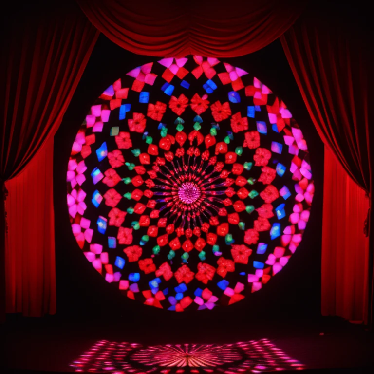 <lora:60sPsychadelicMovieMJ7SD1:1> ArsMovieStill, movie still from a 60s psychedelic movie, The image is a digital art piece that appears to be a mandala-like design. It is made up of multiple layers of vibrant colors including pink blue yellow and green arranged in a circular pattern. The center of the mandala is a bright pink with a larger pink flower in the center. The background is black and the stage is lit with red curtains on either side. The floor is made of small squares of different colors creating a mosaic-like effect. The overall mood of the image is surreal and dreamlike., curtains, no humans, chromatic aberration, light particles, black background, still life, red theme, crystal, glowing, solo