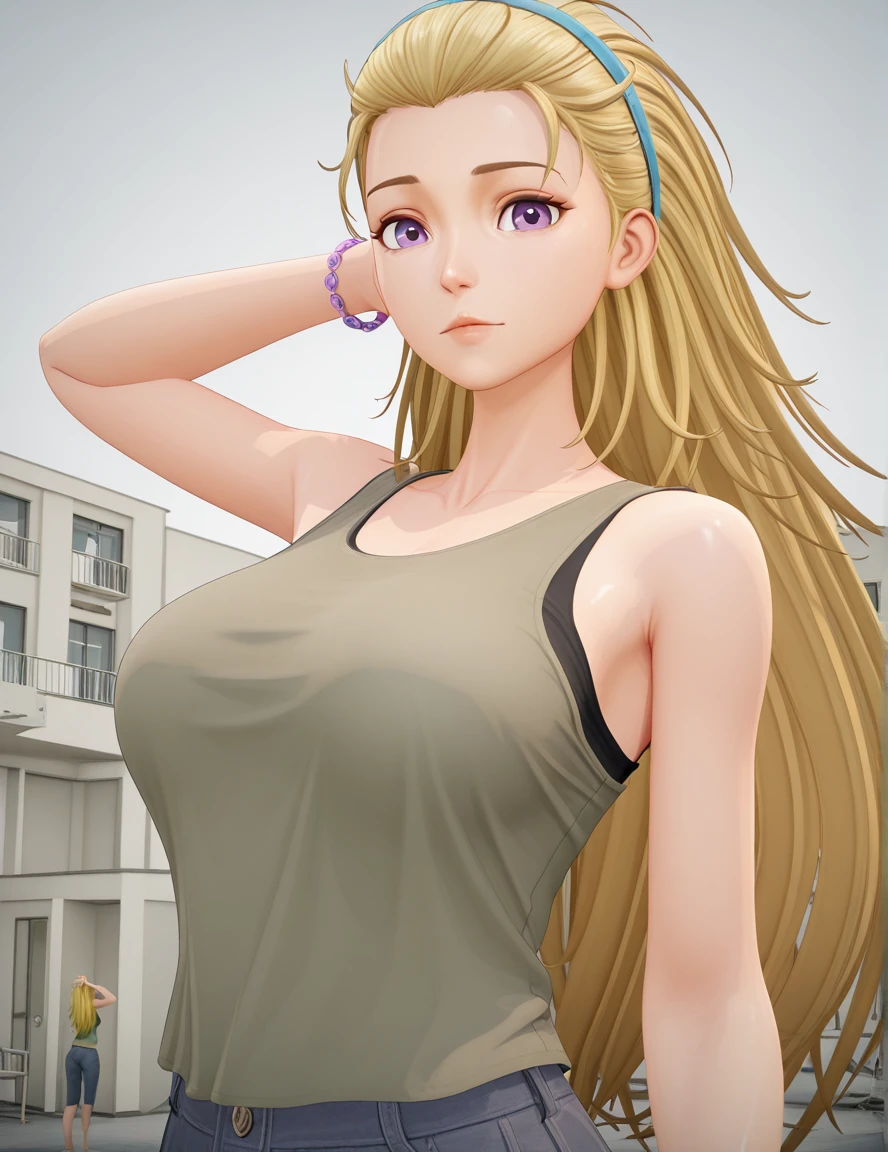 masterpiece, best quality, amazing quality,, <lora:yueqing-xiao-s1-illustriousxl-lora-nochekaiser:1>, yueqing xiao, long hair, blonde hair, purple eyes, hairband, blue hairband, hair pulled back, mature female, breasts, 3d, shirt, bare shoulders, sleeveless, bracelet, tank top,, hand behind head, , apartment, building, rooms, residents, balconies, cowboy shot, solo, looking at viewer, <lora:transparent-background-illustriousxl-lora-nochekaiser:1>, transparent background, simple background, white background