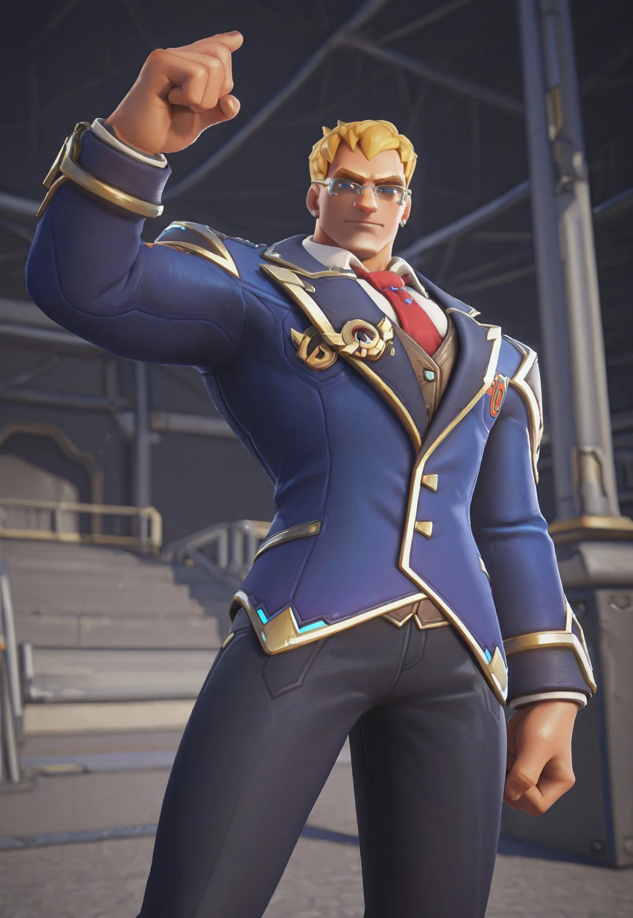 SHARP_DETAIL, HDR, TEXTURES, DETAILED_TEXTURE, UNSHARP, CRISP_DETAIL, SHINY, DYNAMIC REFLECTIONS, SHINY SKIN, high contrast, vivid lighting, rendered artistically, impressive, extremely detailed, linquivera, rim light, 3d, style \(overwatch\), 1boy, soldier: 76 \(class president: 76\) \(overwatch\), short hair, blonde hair, bangs, pixie cut, blue eyes, bara, (muscular, slim body, broad shoulders, big arms, thick thighs), (eyeglasses, blue jacket, white shirt, red necktie, black pant), dynamic pose, scenery, looking at viewer, cowboy shot, very awa, masterpiece, best quality, absurdres, newest, perfect quality, detailed background, intricate details