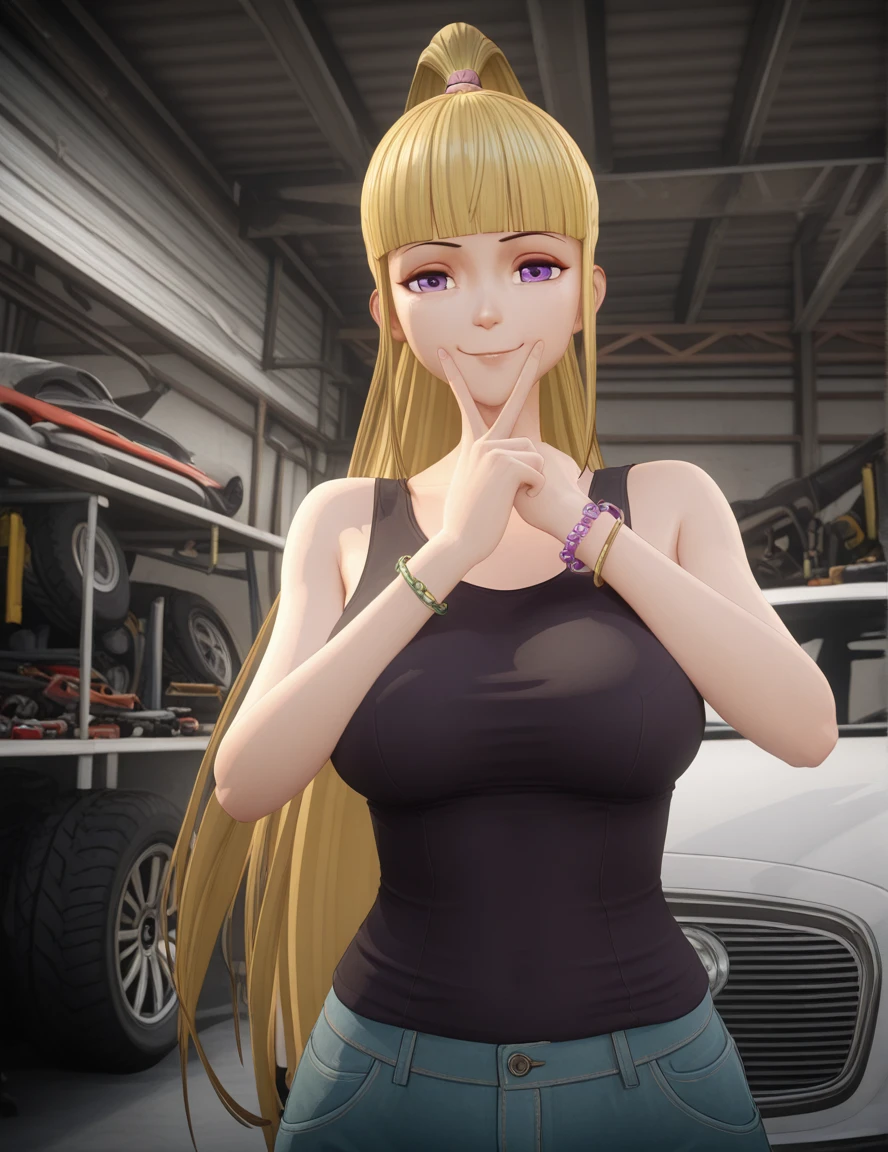 masterpiece, best quality, amazing quality,, <lora:yueqing-xiao-s1-illustriousxl-lora-nochekaiser:1>, yueqing xiao, long hair, blonde hair, purple eyes, ponytail, blunt bangs, high ponytail, mature female, breasts, 3d, shirt, bare shoulders, sleeveless, bracelet, tank top,, v, v over mouth, smug,, garage, car, tools, mechanic, repair, cowboy shot, solo, looking at viewer,