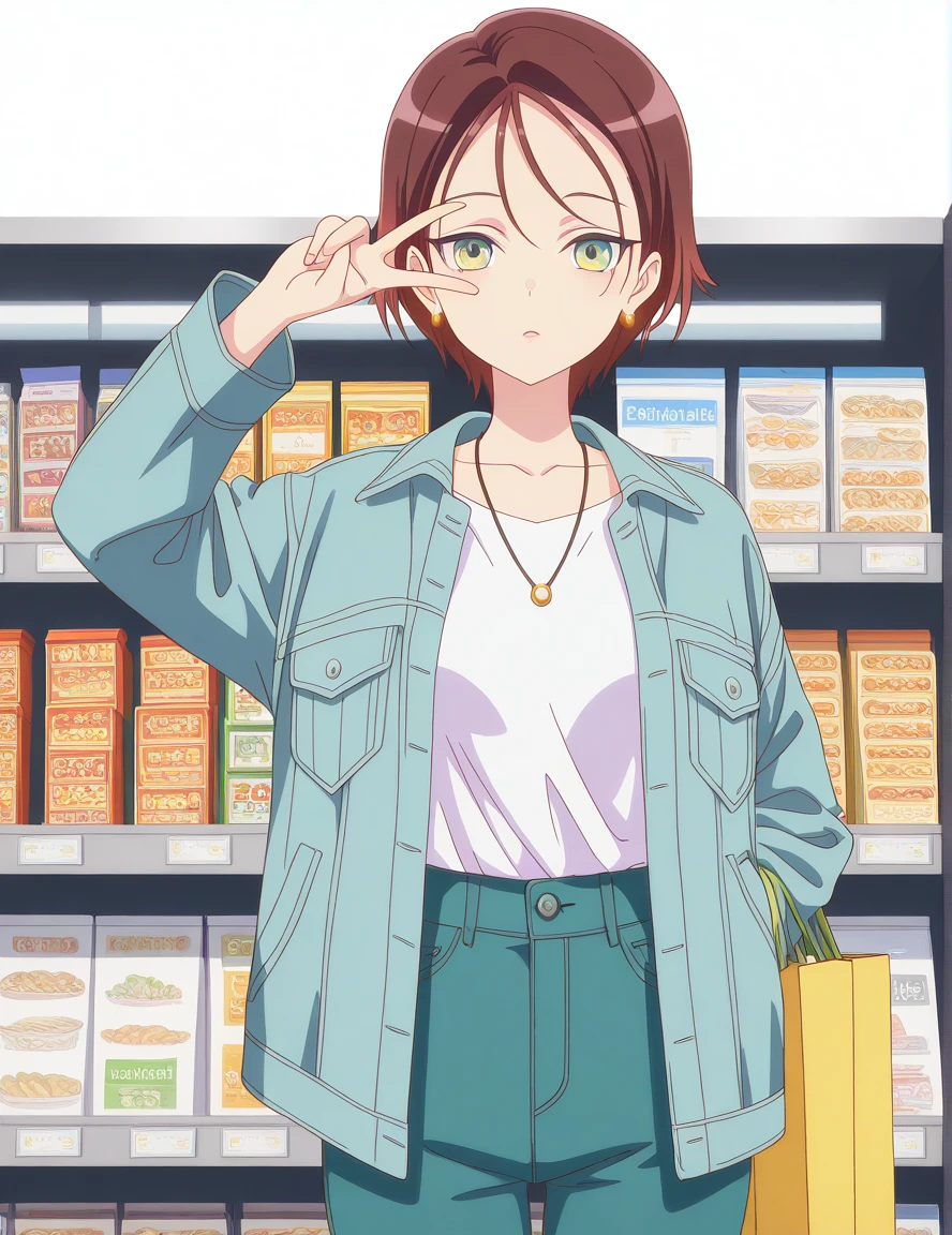 masterpiece, best quality, amazing quality,, <lora:kyouka-kitahara-s1-illustriousxl-lora-nochekaiser:1>, kyouka kitahara, short hair, brown hair, green eyes, mature female, small breasts, anime screencap, shirt, long sleeves, jewelry, jacket, collarbone, white shirt, earrings, open clothes, necklace, open jacket, blue jacket, denim jacket, v, v over eyes,, grocery store, cashier, shopping bag, scanning items, small talk, everyday routine, cowboy shot, solo, looking at viewer, <lora:transparent-background-illustriousxl-lora-nochekaiser:1>, transparent background, simple background, white background