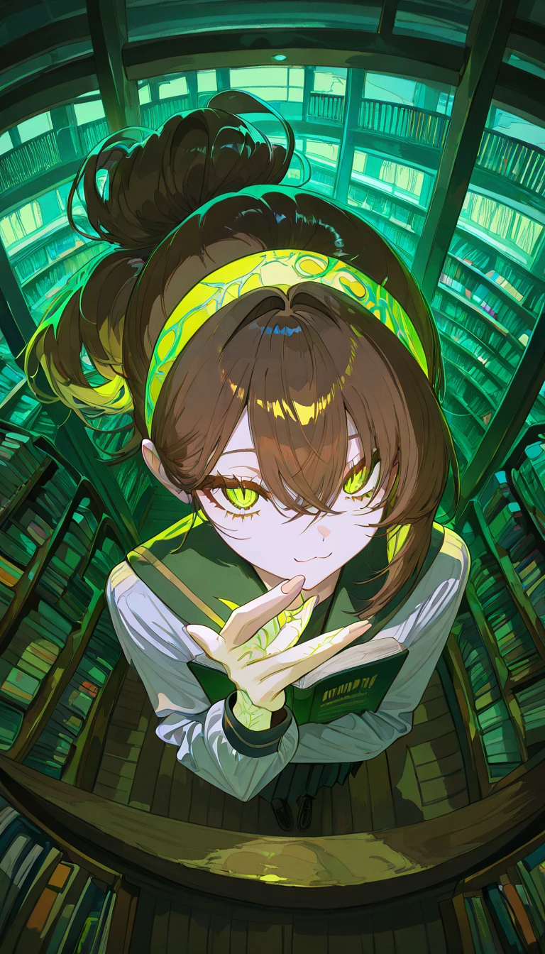 masterpiece, best quality, amazing quality, very aesthetic, absurdres, newest, scenery,
, slit pupils, cat eyes, :3, cat mouth, Posing as if blowing a kiss, RadSister, 1girl,
glowing green vein, undead girl, white skin, colored skin, pale skin, messy high ponytail, long bangs, side-swept bangs, layered hair, loose strands, hair tucked under headband, brown hair, glowin green eyes, glowing green eyes, glowing veins, pale skin, brown hair, tied hair, school uniform,
, smile,
black and green theme,
school library, quiet atmosphere, soft lighting, wooden shelves, books everywhere, study desks, peaceful mood, afternoon light, reading students, focused environment
, animated, dynamic angle, full body, portrait, from above, fisheye lens, detailed face,colorful, close-up, masterpiece, best quality, amazing quality, very aesthetic, absurdres, newest, scenery, volumetric lighting