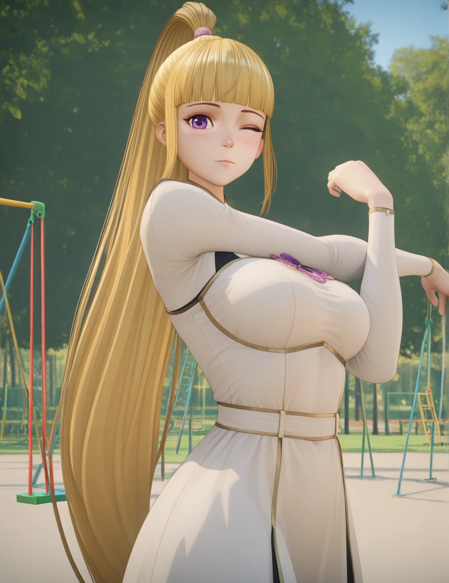 masterpiece, best quality, amazing quality,, <lora:yueqing-xiao-s1-illustriousxl-lora-nochekaiser:1>, yueqing xiao, long hair, blonde hair, purple eyes, ponytail, blunt bangs, high ponytail, mature female, breasts, 3d, long sleeves, dress, white dress, <lora:cross-body-stretch-illustriousxl-lora-nochekaiser:1>, cross-body stretch, stretching, arm across chest, exercising, cowboy shot, blush, one eye closed, public park, playground, swing set, laughter, sunny day, cowboy shot, solo, looking at viewer,