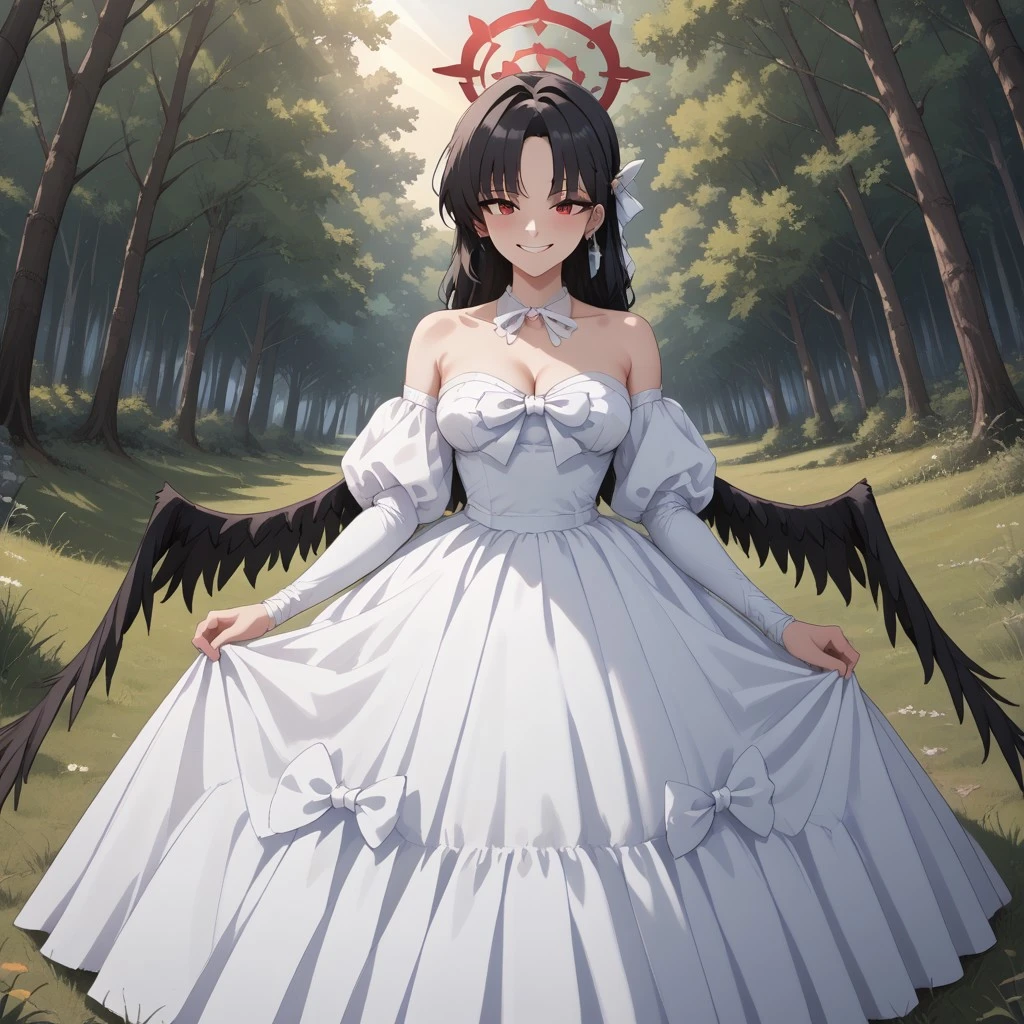 score_9, score_8, BREAK, solo, Kenzaki_Tsurugi_(Blue_Archive), complex halo, black hair, red eyes, drippling effect on halo, wedding dress, full dress, neck ribbon, ear piece, black wings, bowtie decoration on dress, self portrait, smile, looking at viewer, outdoors, sunlight, shadows, evening lighting, natural lighting, forest, trees, grass, orange sky, sunset