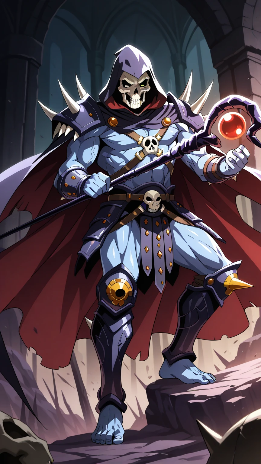 Person/Subject: ((upper body:1.1)), <lora:Ainz2ep4re:1>, monster, skeleton, ((1boy)), glowing, glowing_eyes, looking_at_viewer, male_focus, red_eyes, skull, solo, teeth,
nazgul mantle, black robe, shoulder armor, (red eyes:1.1), (vertical pupils).
Action: Standing, fighting stance.
Style: (<lora:Shexyoart:0.6>).
Background: (((fire, sunshine, tombyard,))).
Quality: ((Highly detailed skin, highly detailed face, highly detailed pupils, highly detailed iris: 1.3)). Dynamic light, ultra-detailed, extremely detailed CG, micro-intricate (best quality: 1.2), ((high resolution:1.2)), (masterpiece: 1.1), intricate detail, hyper-detailed, Highlight and shadow, volumetric lighting, highly detailed background,