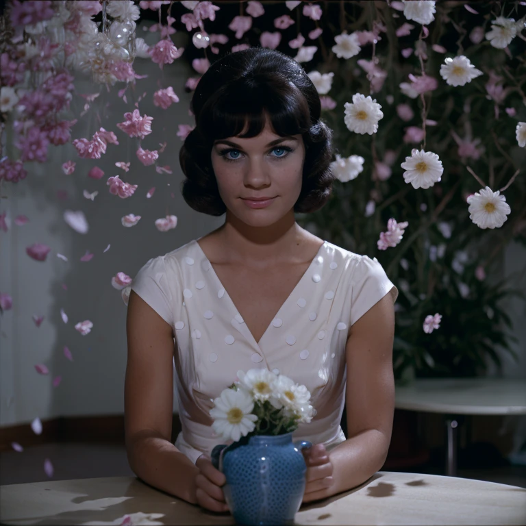<lora:60sPsychadelicMovieMJ7SD1:1> ArsMovieStill, movie still from a 60s psychedelic movie, The image shows a young woman sitting at a table with a vase of flowers in front of her. She is wearing a purple dress with white polka dots and her hair is styled in an updo. The woman is looking directly at the camera with a serious expression on her face. The background is filled with pink and white flowers that are falling down from the ceiling creating a romantic and dreamy atmosphere. The overall mood of the image is one of love and romance., 1girl, solo, black hair, blue eyes, bangs, short hair, indoors, table, flower, lips