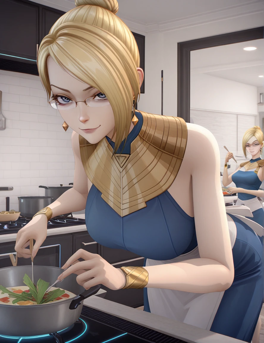 masterpiece, best quality, amazing quality,, <lora:tobeherox-juan-s1-illustriousxl-lora-nochekaiser:1>, tobeherox juan, short hair, blue eyes, blonde hair, glasses, hair bun, single hair bun, mature female, breasts, 3d, jewelry, bare shoulders, earrings, sleeveless, dress, blue dress,, bent over, smug,, kitchen, cooking, apron, cutting vegetables, home cooking, cowboy shot, solo, looking at viewer,