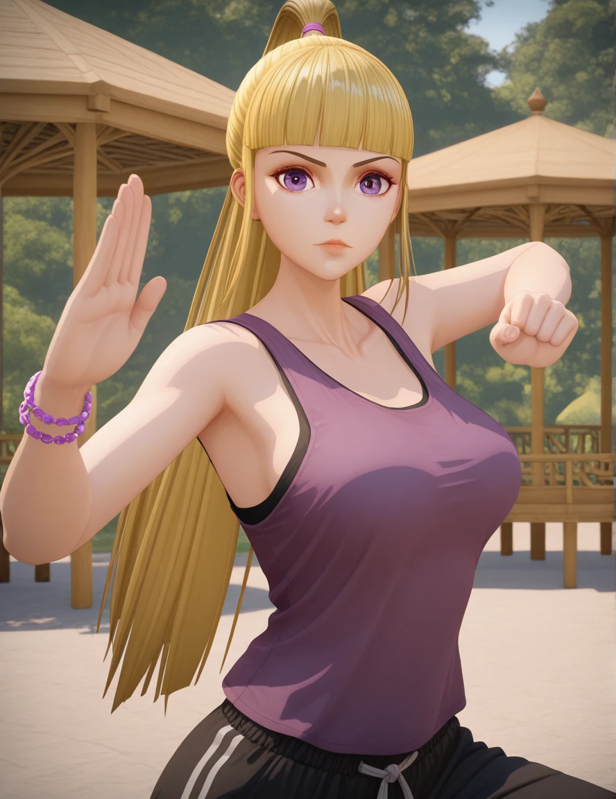 masterpiece, best quality, amazing quality,, <lora:yueqing-xiao-s1-illustriousxl-lora-nochekaiser:1>, yueqing xiao, long hair, blonde hair, purple eyes, ponytail, blunt bangs, high ponytail, mature female, breasts, 3d, shirt, bare shoulders, sleeveless, bracelet, tank top,, <lora:kung-fu-illustriousxl-lora-nochekaiser:1>, kung fu, martial arts, training, fighting stance, cowboy shot, leg up, gazebo, park, shelter, outdoors, wooden, cowboy shot, solo, looking at viewer,