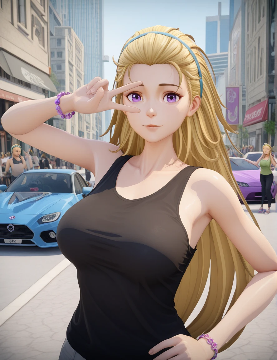 masterpiece, best quality, amazing quality,, <lora:yueqing-xiao-s1-illustriousxl-lora-nochekaiser:1>, yueqing xiao, long hair, blonde hair, purple eyes, hairband, blue hairband, hair pulled back, mature female, breasts, 3d, shirt, bare shoulders, sleeveless, bracelet, tank top,, v, v over eyes,, street, cars, buildings, city, people, cowboy shot, solo, looking at viewer,