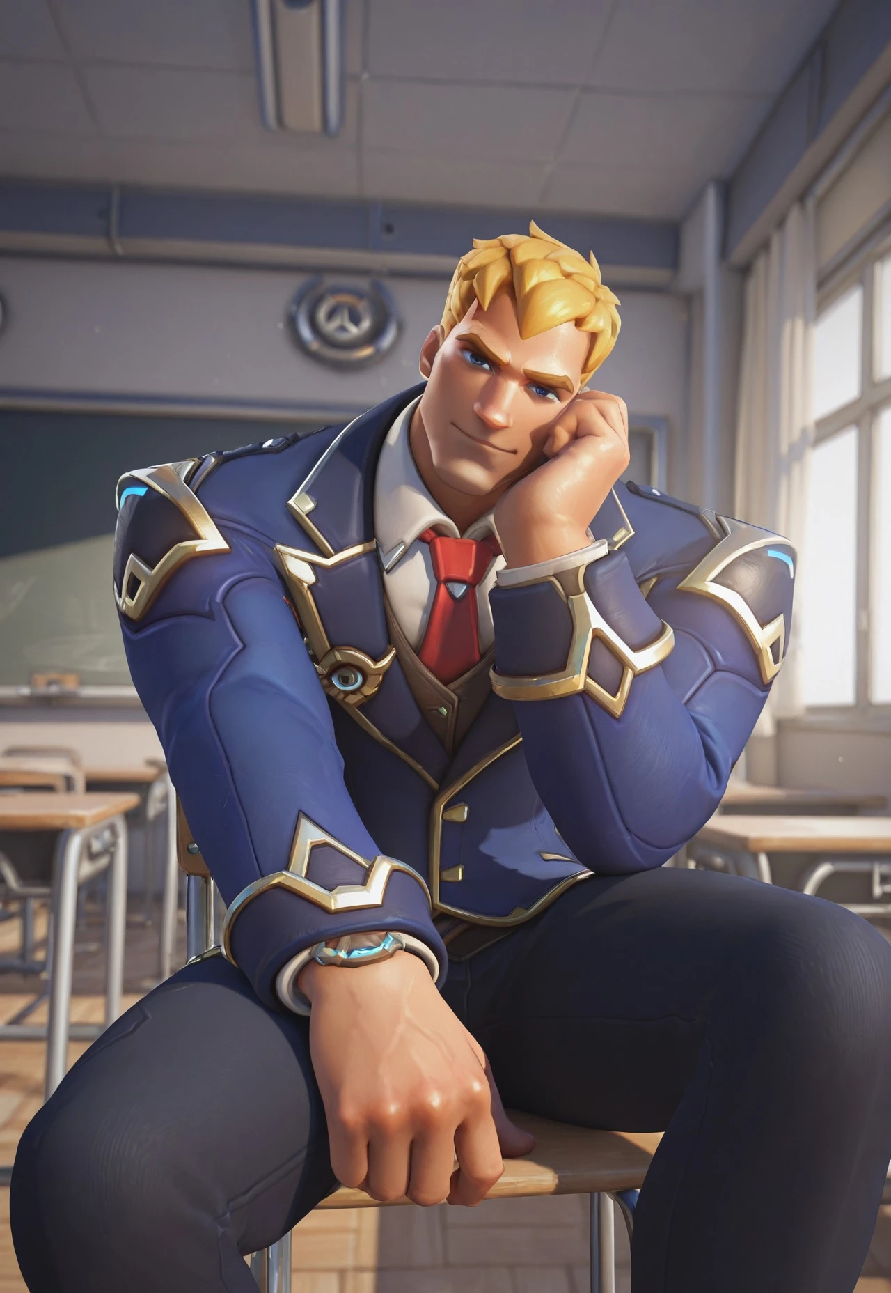 SHARP_DETAIL, HDR, TEXTURES, DETAILED_TEXTURE, UNSHARP, CRISP_DETAIL, SHINY, DYNAMIC REFLECTIONS, SHINY SKIN, high contrast, vivid lighting, rendered artistically, impressive, extremely detailed, linquivera, rim light, 3d, style \(overwatch\), 1boy, soldier: 76 \(class president: 76\) \(overwatch\), short hair, blonde hair, bangs, pixie cut, blue eyes, bara, (muscular, slim body, broad shoulders, big arms, thick thighs), (blue jacket, white shirt, red necktie, black pant), dynamic pose, looking at viewer, cowboy shot, classroom, hand on cheek, head tilt, sitting on the chair, class deck, very awa, masterpiece, best quality, absurdres, newest, perfect quality, detailed background, intricate details