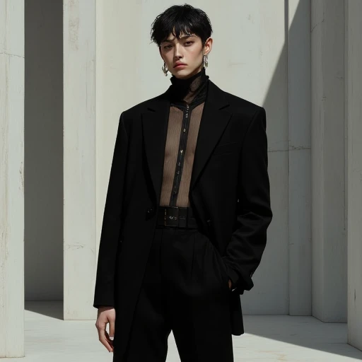 A highly detailed digital artwork inspired by editorial fashion photography. A tall, androgynous model stands confidently in the center of the frame, their striking posture exuding effortless poise. They wear an oversized structured black blazer with sharp, exaggerated shoulders, cinched at the waist with a thin leather belt. Beneath the blazer, sheer mesh fabric reveals glimpses of their skin, contrasted by high-waisted tailored trousers with a subtle satin sheen.  The background is a minimalist concrete space, cool grey tones and diffused natural light flooding the scene. Angular shadows stretch across the floor, adding architectural depth. A faint haze softens the harsh lines, enhancing the cinematic mood.  The model’s short, tousled hair is slicked back at the sides, with soft strands falling across their forehead. Their makeup is bold — sharp eyeliner, dewy skin, and a muted, matte lip. Silver geometric earrings glint under the soft studio lights, adding a futuristic accent.  The composition reflects the aesthetics of high-fashion magazines, with dramatic negative space, crisp textures, and an emphasis on form and silhouette. The color palette is restrained — blacks, silvers, greys — enhancing the modern, avant-garde mood of the piece. The entire scene feels editorial, clean, and meticulously styled, like a moment captured from a luxury campaign.