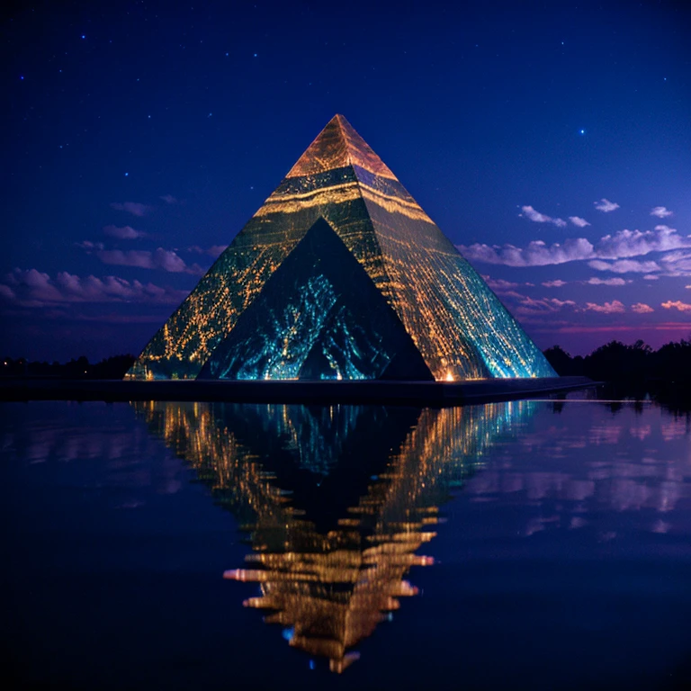 <lora:60sPsychadelicMovieMJ7SD1:1> ArsMovieStill, movie still from a 60s psychedelic movie, The image is a digital art piece that appears to be a pyramid or a pyramid-shaped structure. The pyramid is made up of multiple layers of glass with the top layer being the largest and the bottom layer being smaller. The glass is arranged in a way that creates a rainbow-like pattern with different colors and shapes that create a sense of depth and dimension. The colors range from blue green purple and pink and the shapes are reflected in the water below the pyramid.The background is dark with a few stars visible in the top right corner. The sky is filled with white clouds creating a dramatic and dreamlike atmosphere. The overall mood of the image is surreal and surreal with an ethereal quality., sky, reflection, no humans, cloud, scenery, night, star (sky), crystal, outdoors, night sky