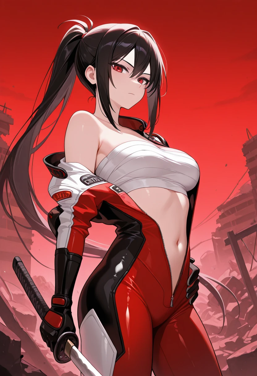 solo girl,Glossy metalic light silver tank top, tight latex shiny, Red interpolation color,Black hair bob,red eyes, camel toe, Samurai Sword,
Lift one leg, sexy lady, โชว์กางเกงใน girl,
