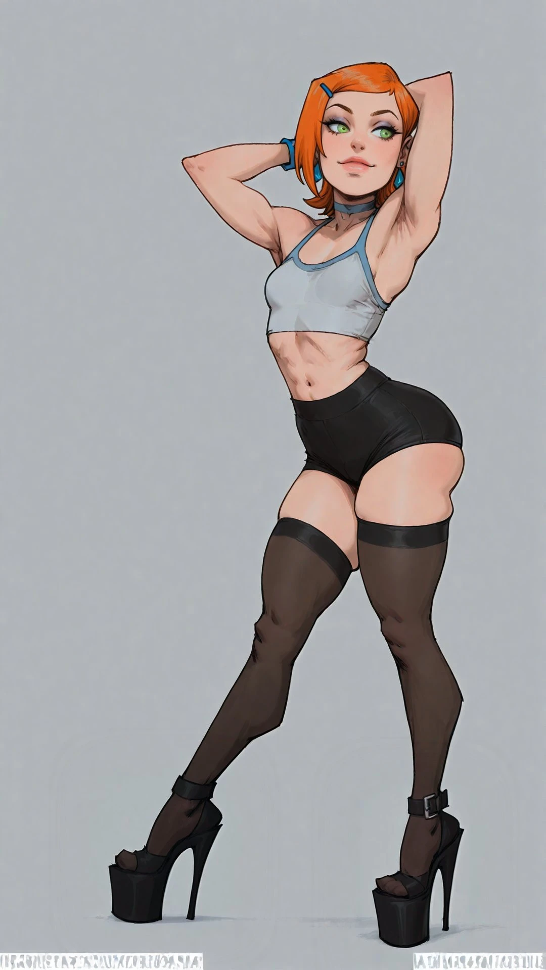 Kyoka jiro, 1 girl, solo, looking at viewer, smile, short hair, bangs, simple background, shirt, black hair, gloves, long sleeves, kneeling, jacket, boots, tight clothes, choker, black pants, blunt bangs, fingerless gloves, black choker, facial mark, tight shirt, midriff, open legs, sweating, open mouth, panting, long earlobes, earlobes, seductive, heart shaped pupils, flirty, pants