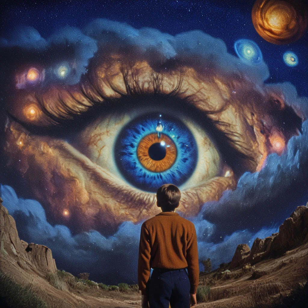 <lora:60sPsychadelicMovieMJ7SDXL:1> ArsMovieStill, movie still from a 60s psychedelic movie, The image shows a person standing in front of a large colorful eye. The eye is the focal point of the image with its iris and pupil clearly visible. The iris is a deep blue color with a hint of purple and orange. The pupil is a lighter shade of blue and it appears to be glowing. The person is looking up at the eye with a curious expression as if they are deep in thought. The background is a dark starry night sky with planets and stars visible in the distance. The image is taken from a low angle with the person's back facing the viewer., 1boy, sky, star (sky), male focus, solo, from behind, starry sky, cloud, night, night sky