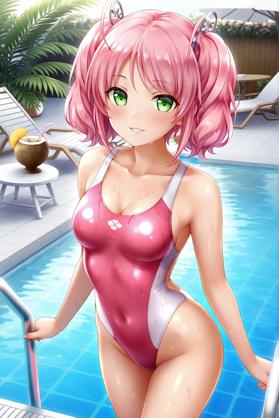 ((Bright pop-colored swimsuits, lying on the water and floating, Mediterranean Sea)), skindentation, skinny, solo, 1 woman, Masterpiece, highest quality, highest quality, 16K, incredibly absurd, highly detailed, 2.5D, delicate and dynamic, very delicate facial expressions, delicate eye depiction, erotic, only sexy woman, healthy figure, 25-year-old woman, bride, 160cm tall, medium firm swaying bust, (short hair), (pink hair:1.5), bob cut, black eye, blush, Sweat,Embarrassed,sexy, ((thin thighs)), (Erect nipples:0.8), (visible nipples:0.8), (camel toe:0.8), ((shiny and lustrous)), facing straight at viewer, ((brown skin)), (Oily skin),dutch angle