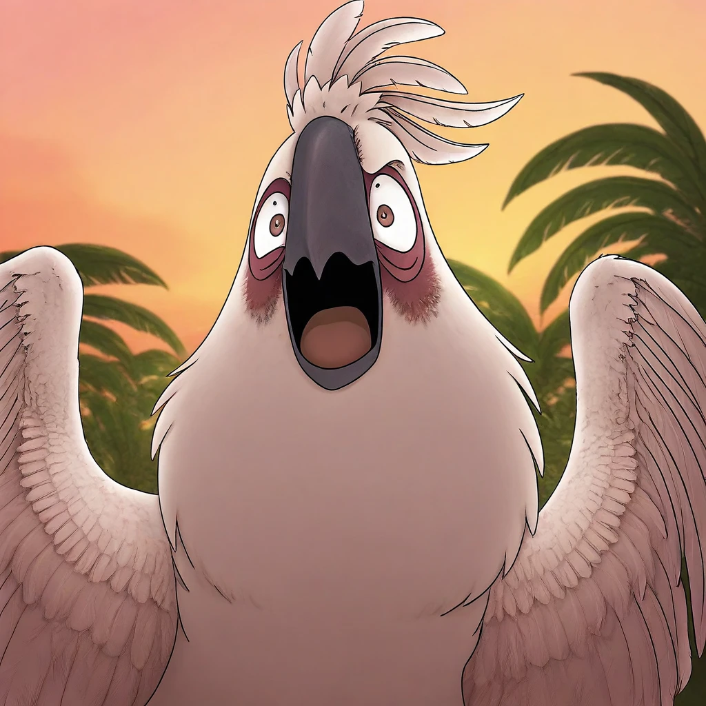 ((NSFW, sexual)), rio movie, jungle landscape, nigel a male white cockatoo avian, white feathers, ((anthro)), big size human body, furry, feathered arms, thick body, ((exposing big tapering penis, testicles)), standing, brown eyes, bedroom eyes, seductive, realistic, digitigrade legs, detailed eyes