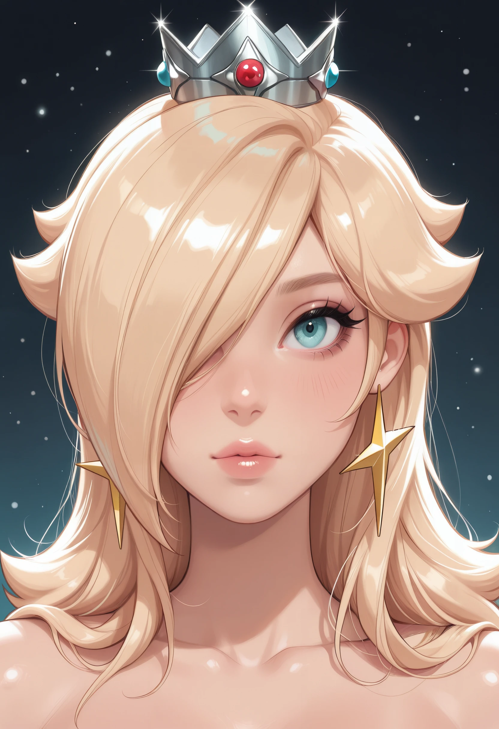 A blonde-haired woman with stars for pupils, sexy seducing
