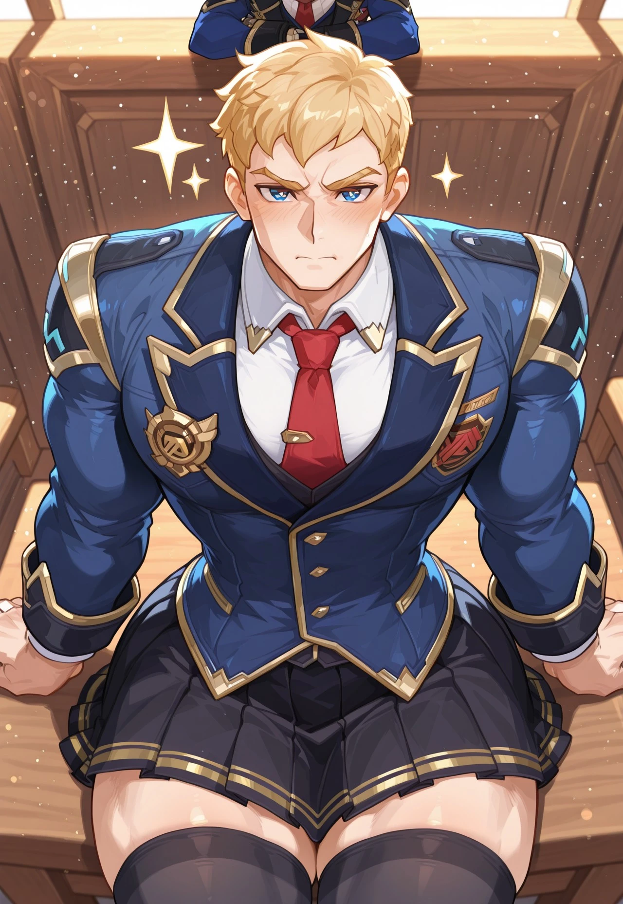 2d, animification, thin lines, anime colouring, style \(genshin impact\), (1boy, soldier: 76 \(class president: 76\) \(overwatch\), short hair, blonde hair, bangs, pixie cut, blue eyes, round eyes, bright pupils, sparkling eyes, (masculine, mature male, muscular, bara, himbofication, broad shoulders, big arms, large pectorals, wide upper body, narrow waist, small waist, slim waist, wide hips, curvy body, thick thighs), (blue jacket, white shirt, red necktie, black skirt, pleated skirt, black stocking), embarrased, pouty face, from above, sitting, looking at viewer, very awa, masterpiece, best quality, absurdres, detailed background, newest, perfect quality, intricate details