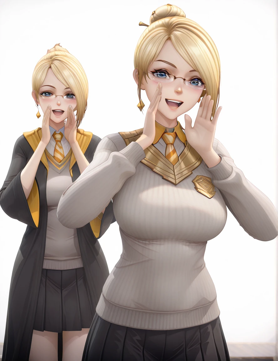 masterpiece, best quality, amazing quality,, <lora:tobeherox-juan-s1-illustriousxl-lora-nochekaiser:1>, tobeherox juan, short hair, blue eyes, blonde hair, glasses, hair bun, single hair bun, mature female, breasts, 3d, <lora:hogwarts-uniform-illustriousxl-lora-nochekaiser:1>, hogwarts uniform, hufflepuff, black robe, necktie, striped necktie, collared shirt, sweater, pleated skirt, grey sweater,, <lora:shouting-hand-to-own-mouth-illustriousxl-lora-nochekaiser:1>, shouting hand to own mouth, shouting, hand to own mouth, looking at viewer, smile, open mouth, blush,, ,