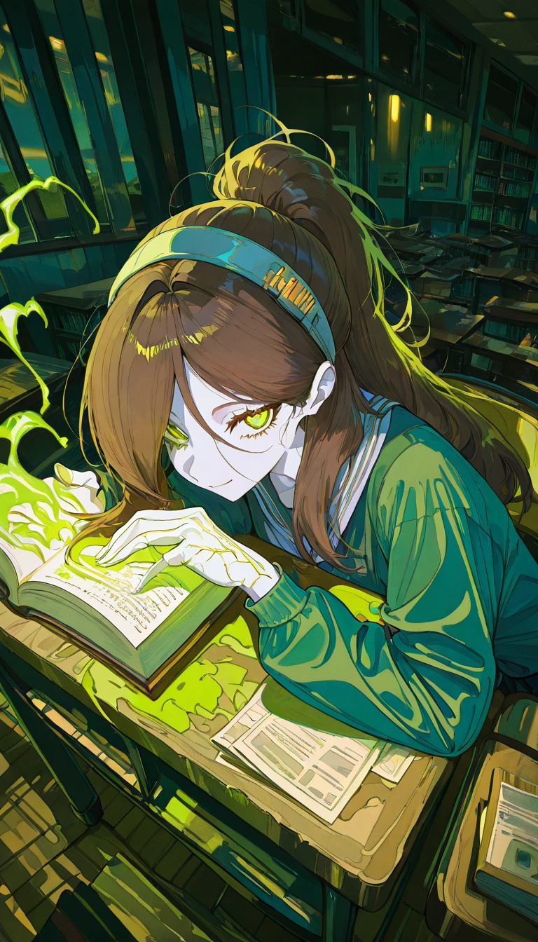 masterpiece, best quality, amazing quality, very aesthetic, absurdres,  newest, scenery,
, tsurime, Pretending to swim in air, RadSister, 1girl,
glowing green vein, undead girl, white skin, colored skin, pale skin, messy high ponytail, long bangs, side-swept bangs, layered hair, loose strands, hair tucked under headband, brown hair, glowin green eyes,  glowing green eyes, glowing veins, pale skin, brown hair, tied hair, school uniform,
, smile,
black and green theme,
school library, quiet atmosphere, soft lighting, wooden shelves, books everywhere, study desks, peaceful mood, afternoon light, reading students, focused environment
, animated, dynamic angle, upper body, portrait, from above, fisheye lens, detailed face,colorful, close-up, masterpiece, best quality, amazing quality, very aesthetic, absurdres, newest, scenery, volumetric lighting