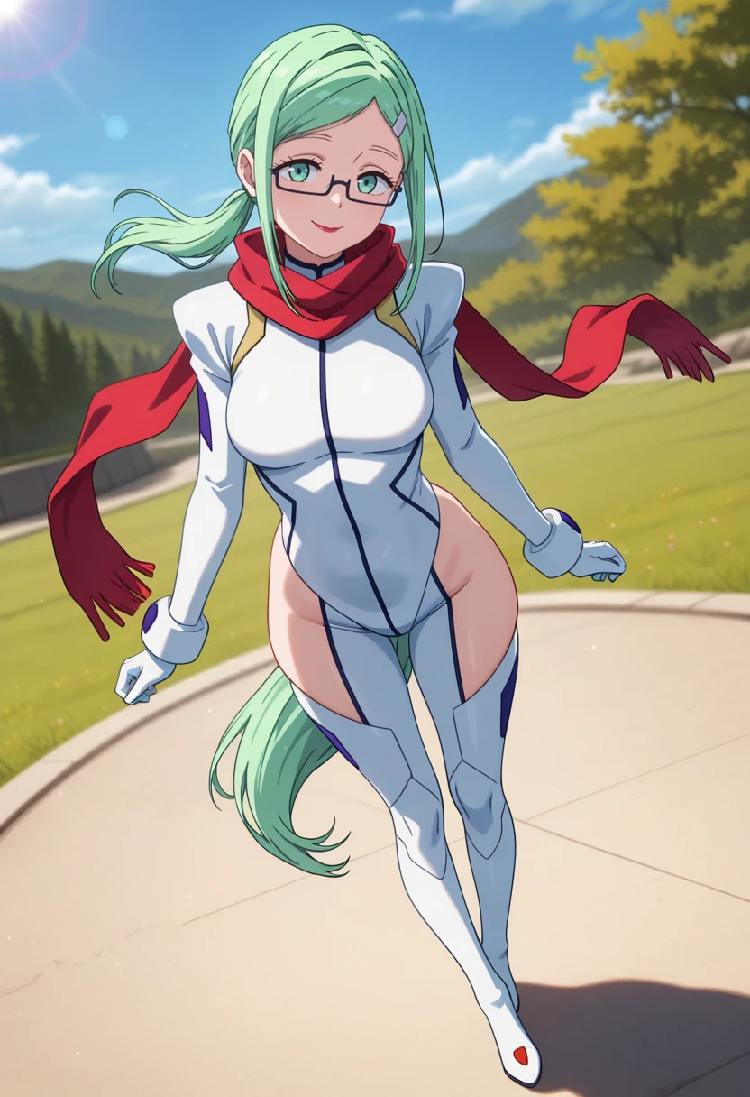 francescapkm, 1girl, long hair, breasts, looking at viewer, smirking, teeth, purple eyes, jewelry, very long hair, earrings, green hair, forest, pantyhose, leotard, bow,jacket, hat, top hat, mountains, <lora:Francesca_Pokemon:0.6>, <lora:more_details:0.2>