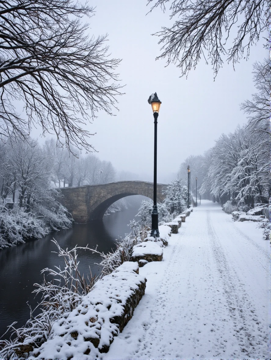 A cinematic photo. A photograph taken from a low angle, looking down a snowy path towards a foggy river with a stone bridge in the distance. the scene is peaceful and serene, with snow-covered trees on either side of the path, and a lamppost in the foreground. the sky is overcast and foggy, creating a hazy atmosphere. the snow is pristine and untouched, and the trees are bare, with no leaves, and their branches are covered in a thick layer of snow. the path winds through the scene, leading to the bridge, which is shrouded in fog and has a stone archway. the river is calm and still, reflecting the light from the bridge and creating a serene and peaceful ambiance. the overall mood of the image is cold and wintery, with a sense of solitude and tranquility.