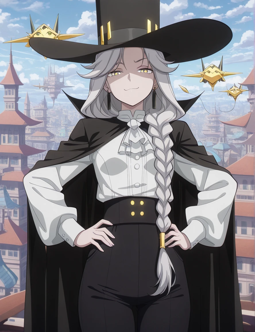 masterpiece, best quality, amazing quality,, <lora:tobeherox-queen-s1-illustriousxl-lora-nochekaiser:1>, tobeherox queen, yellow eyes, long hair, white hair, grey hair, braid, single braid, braided ponytail, mature female, small breasts, anime screencap, shirt, long sleeves, bow, jewelry, white shirt, earrings, pants, cape, ascot, black pants, black cape, white ascot, high-waist pants, top hat, smug, hands on own hip,, floating city, sky, futuristic, architecture, clouds, cowboy shot, solo, looking at viewer,