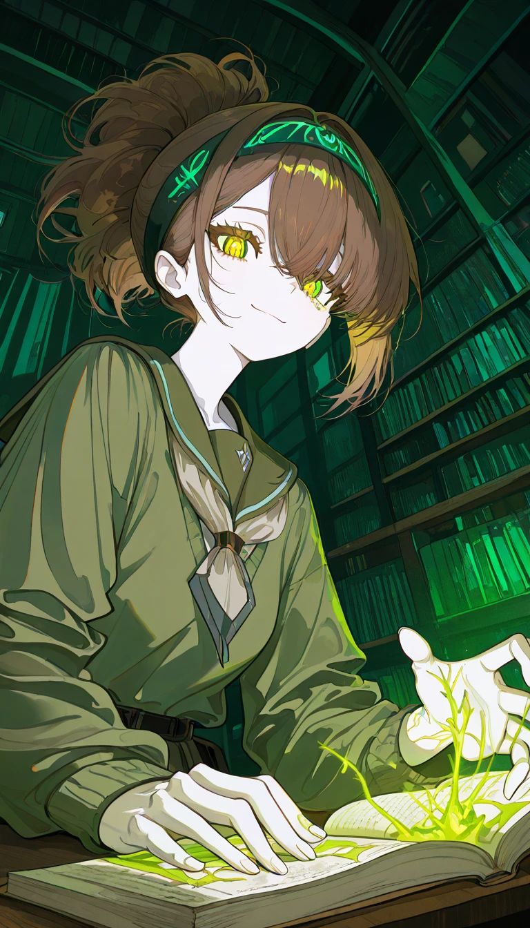 masterpiece, best quality, amazing quality, very aesthetic, absurdres, newest, scenery,
, tearing up, light smile, Posing as if about to throw a dart, RadSister, 1girl,
glowing green vein, undead girl, white skin, colored skin, pale skin, messy high ponytail, long bangs, side-swept bangs, layered hair, loose strands, hair tucked under headband, brown hair, glowin green eyes, glowing green eyes, glowing veins, pale skin, brown hair, tied hair, school uniform,
, smile,
black and green theme,
school library, quiet atmosphere, soft lighting, wooden shelves, books everywhere, study desks, peaceful mood, afternoon light, reading students, focused environment
, animated, dynamic angle, upper body, portrait, from below, fisheye lens, detailed face,colorful, close-up, masterpiece, best quality, amazing quality, very aesthetic, absurdres, newest, scenery, volumetric lighting