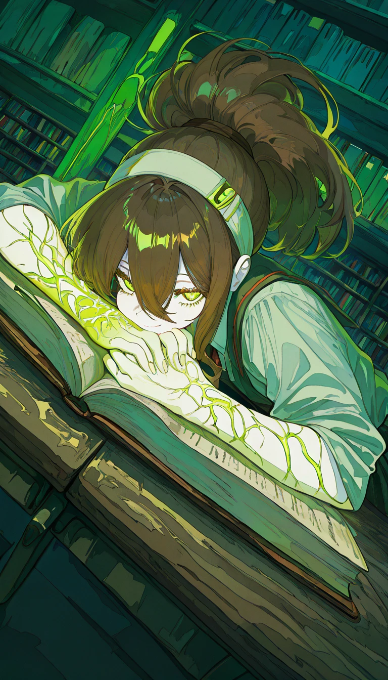 masterpiece, best quality, amazing quality, very aesthetic, absurdres, newest, scenery,
, cheek bulge, jitome, Lying with hands clasped over the stomach, RadSister, 1girl,
glowing green vein, undead girl, white skin, colored skin, pale skin, messy high ponytail, long bangs, side-swept bangs, layered hair, loose strands, hair tucked under headband, brown hair, glowin green eyes, glowing green eyes, glowing veins, pale skin, brown hair, tied hair, school uniform,
, smile,
black and green theme,
school library, quiet atmosphere, soft lighting, wooden shelves, books everywhere, study desks, peaceful mood, afternoon light, reading students, focused environment
, animated, dynamic angle, upper body, portrait, from above, fisheye lens, detailed face,colorful, close-up, masterpiece, best quality, amazing quality, very aesthetic, absurdres, newest, scenery, volumetric lighting