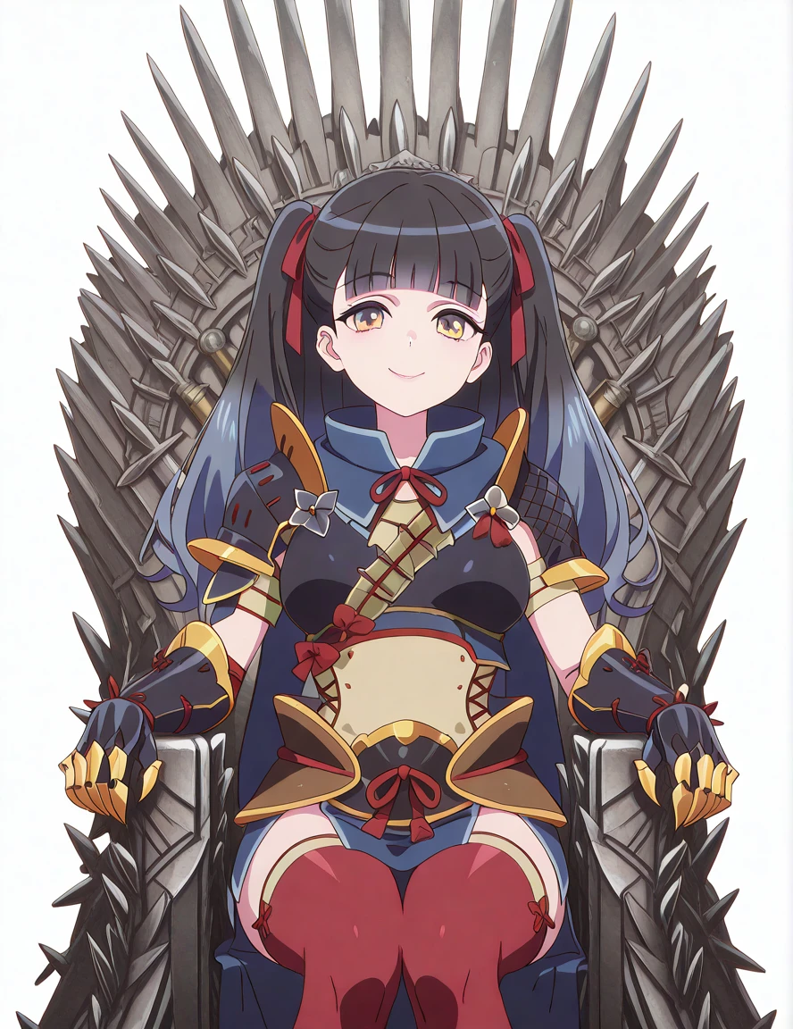 masterpiece, best quality, amazing quality,, <lora:azu-niisato-s1-illustriousxl-lora-nochekaiser:1>, azu niisato, long hair, black hair, twintails, brown eyes, yellow eyes, blunt bangs, two side up, mature female, medium breasts, anime screencap, <lora:kamura-armor-illustriousxl-lora-nochekaiser:1>, kamura armor, armor, blue scarf, clawed gauntlets, gauntlets, hair ornament, hair ribbon, headband, kamura (armor), red ribbon, red thighhighs, ribbon, scarf, shoulder armor, thighhighs,, <lora:iron-throne-illustriousxl-lora-nochekaiser:1>, iron throne, sitting, looking at viewer, sword, throne, sitting on throne, smile, cowboy shot, , <lora:transparent-background-illustriousxl-lora-nochekaiser:1>, transparent background, simple background, white background