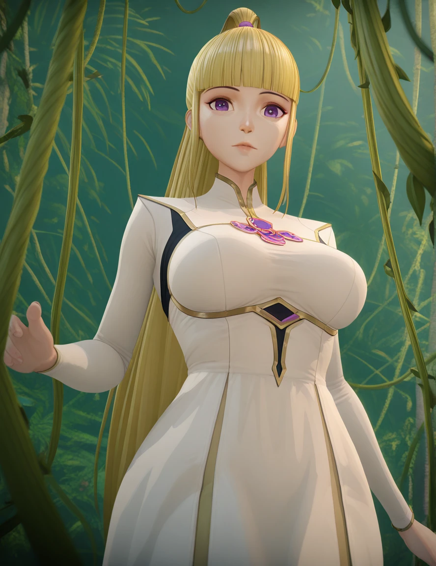 masterpiece, best quality, amazing quality,, <lora:yueqing-xiao-s1-illustriousxl-lora-nochekaiser:1>, yueqing xiao, long hair, blonde hair, purple eyes, ponytail, blunt bangs, high ponytail, mature female, breasts, 3d, long sleeves, dress, white dress, from below, jungle, dense, wildlife, vines, green, cowboy shot, solo, looking at viewer,