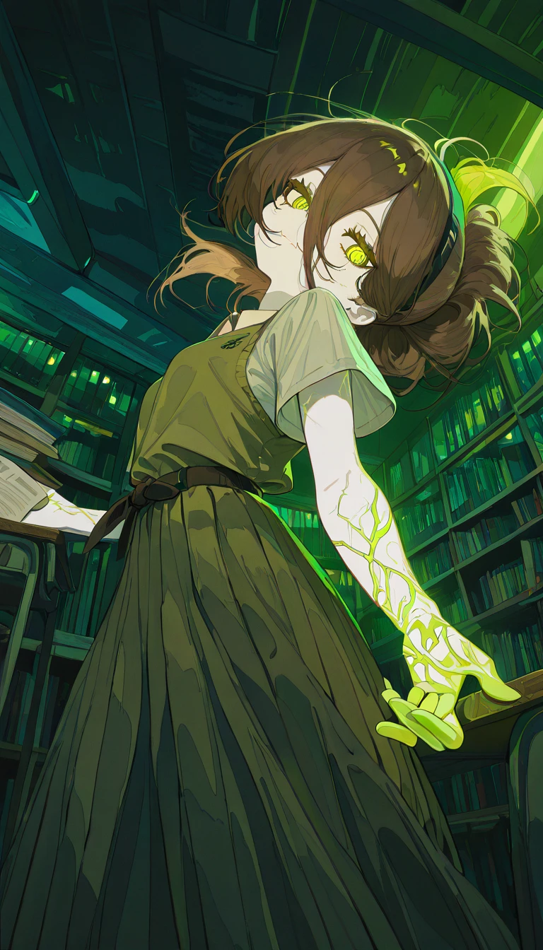 masterpiece, best quality, amazing quality, very aesthetic, absurdres, newest, scenery,
, cheek bulge, jitome, Leaning back, mimicking a limbo dance, RadSister, 1girl,
glowing green vein, undead girl, white skin, colored skin, pale skin, messy high ponytail, long bangs, side-swept bangs, layered hair, loose strands, hair tucked under headband, brown hair, glowin green eyes, glowing green eyes, glowing veins, pale skin, brown hair, tied hair, school uniform,
, smile,
black and green theme,
school library, quiet atmosphere, soft lighting, wooden shelves, books everywhere, study desks, peaceful mood, afternoon light, reading students, focused environment
, animated, dynamic angle, full body, portrait, from below, fisheye lens, detailed face,colorful, close-up, masterpiece, best quality, amazing quality, very aesthetic, absurdres, newest, scenery, volumetric lighting