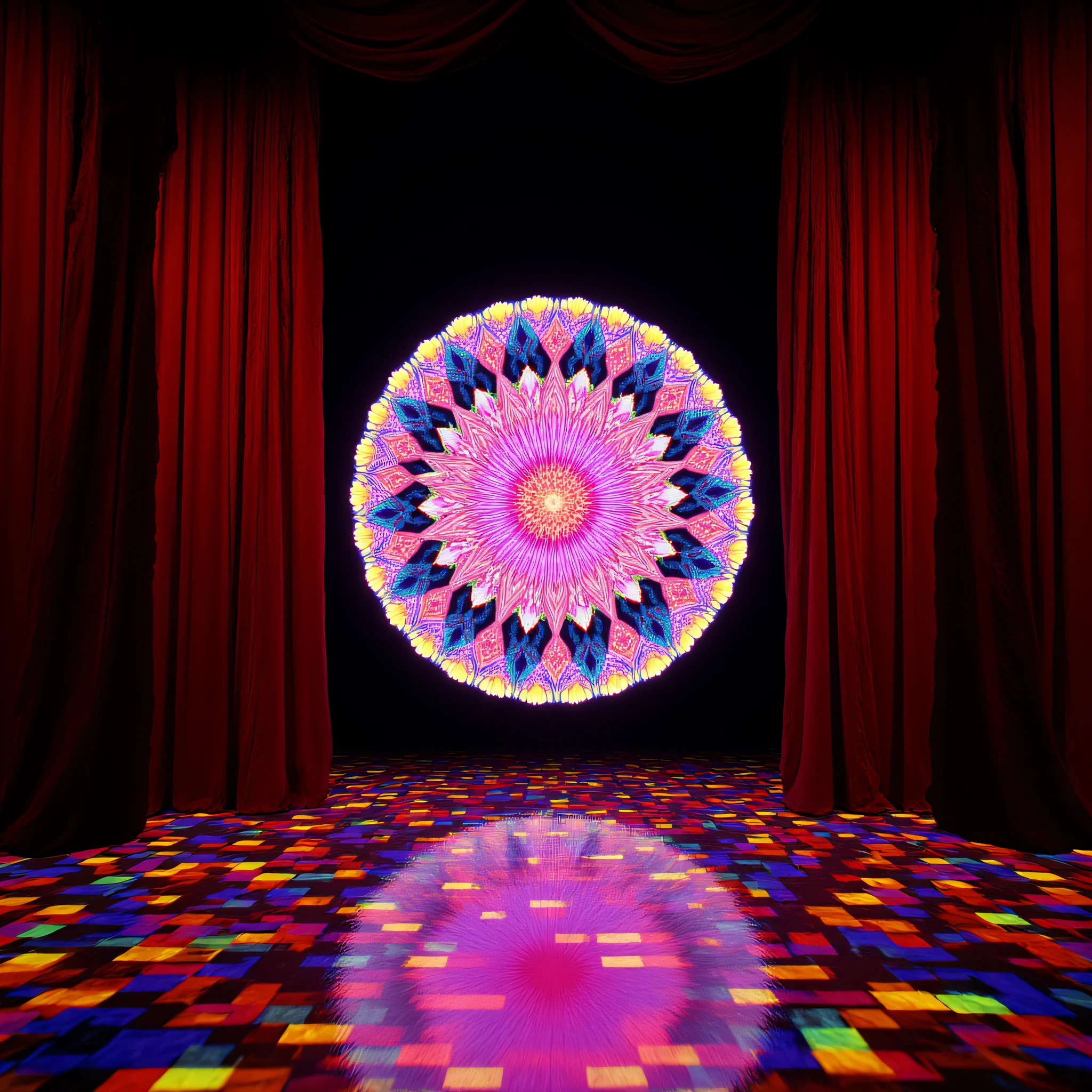 ArsMovieStill, movie still from a 60s psychedelic movie, The image is a digital art piece that appears to be a mandala-like design. It is made up of multiple layers of vibrant colors including pink blue yellow and green arranged in a circular pattern. The center of the mandala is a bright pink with a larger pink flower in the center. The background is black and the stage is lit with red curtains on either side. The floor is made of small squares of different colors creating a mosaic-like effect. The overall mood of the image is surreal and dreamlike., curtains, no humans, chromatic aberration, light particles, black background, still life, red theme, crystal, glowing, solo