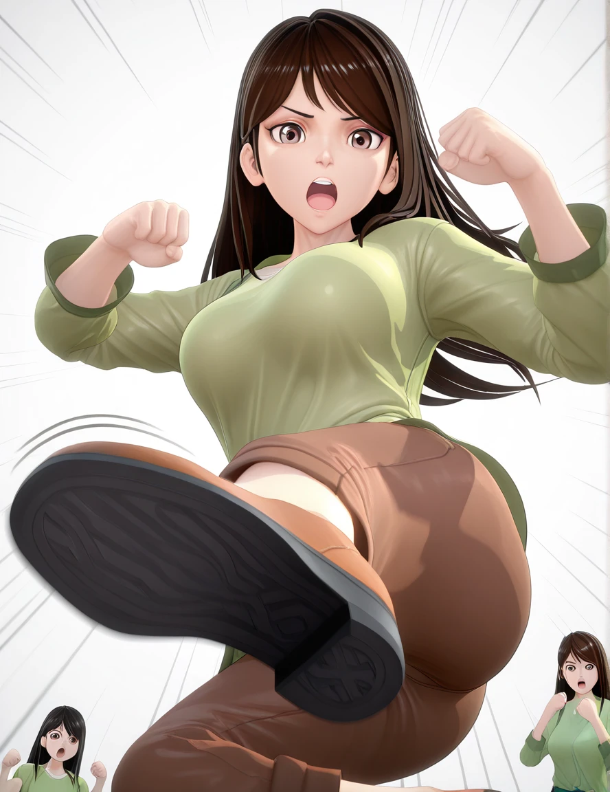 masterpiece, best quality, amazing quality,, <lora:qing-xia-s1-illustriousxl-lora-nochekaiser:1>, qing xia, long hair, brown hair, black hair, brown eyes, mature female, medium breasts, 3d, <lora:kamen-rider-kick-illustriousxl-lora-nochekaiser:1>, kamen rider kick, looking at viewer, open mouth, kicking, flying kick, motion lines, motion, hands up, clenched fist,, ,