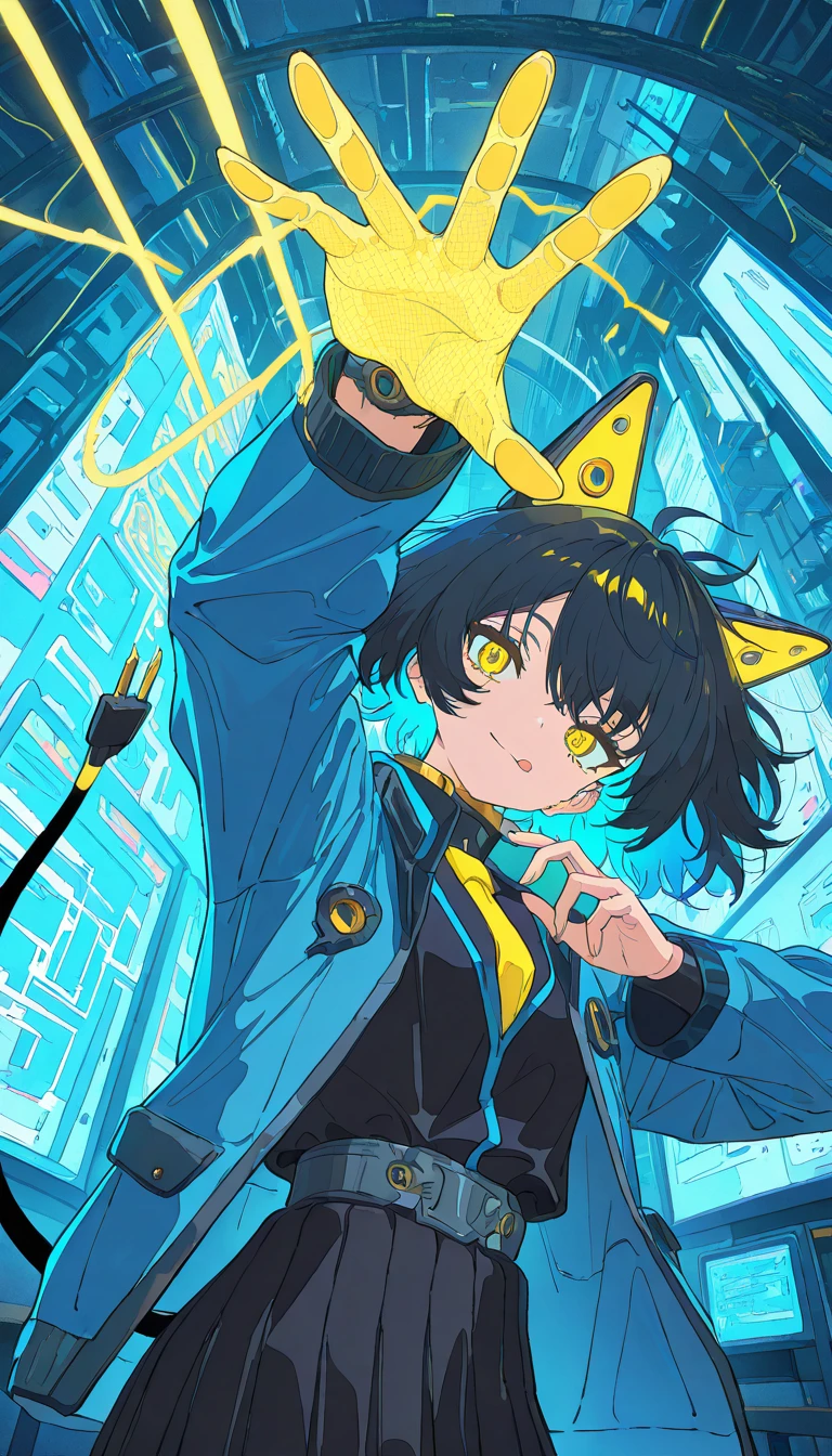 masterpiece, best quality, amazing quality, very aesthetic, absurdres,  newest, scenery,
, light smile, licking lips, Standing with one hand reaching up, electrocat, 1girl, 
black hair, short hair, messy hair, yellow highlights, blue highlights, 
cat ears, cyber ears, glowing accents, yellow eyes, heterochromatic hair accents, electric motif,
school uniform,
electric plug tail, cable tail, plug accessory,
electric cable tail, power plug,
dynamic poses, ,
indoor,
cyberpunk, futuristic school, neon lights, digital classroom, hologram board, glowing cables, sci-fi uniform, high-tech environment, urban night, blue lighting, yellow accent, techno aesthetic, virtual education, plug connection, neon cityscape
, animated, dynamic angle, upper body, close-up,portrait, from below, fisheye lens, detailed face,colorful, close-up, masterpiece, best quality, amazing quality, very aesthetic, absurdres, newest, scenery, volumetric lighting