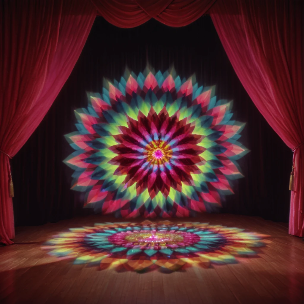 <lora:60sPsychadelicMovieMJ7SDXL:1> ArsMovieStill, movie still from a 60s psychedelic movie, The image is a digital art piece that appears to be a mandala-like design. It is made up of multiple layers of vibrant colors including pink blue yellow and green arranged in a circular pattern. The center of the mandala is a bright pink with a larger pink flower in the center. The background is black and the stage is lit with red curtains on either side. The floor is made of small squares of different colors creating a mosaic-like effect. The overall mood of the image is surreal and dreamlike., curtains, no humans, chromatic aberration, light particles, black background, still life, red theme, crystal, glowing, solo